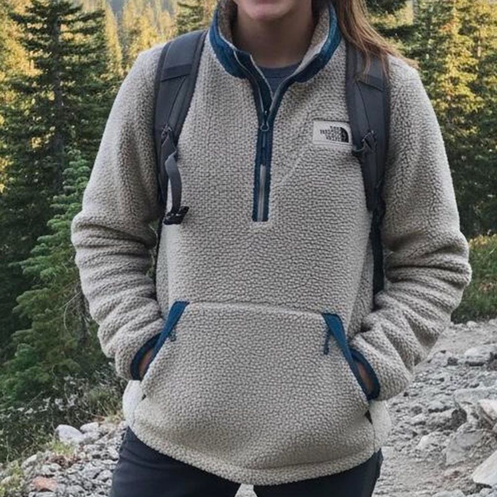 The North Face Beige Sherpa Fleece Pullover with Navy Trim